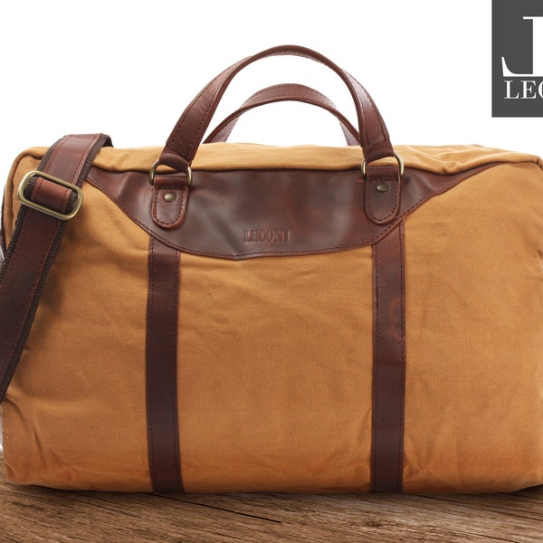 LECONI small travel bag men women small sports bag weekender hand luggage women men leather canvas cognac LE2009-C