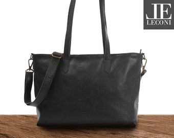 LECONI sac à bandoulière sac d'affaires shopper sac à main poignée sac femme cuir noir LE0071