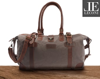 LECONI small weekender hand luggage women men shoulder bag women men leather brown canvas gray LE2008-C