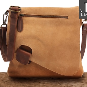 LECONI Umhängetasche Ledertasche Schultertasche Damentasche Herrentasche Echtleder Frauen Männer natur Leder Wildleder cognac LE3027-VL