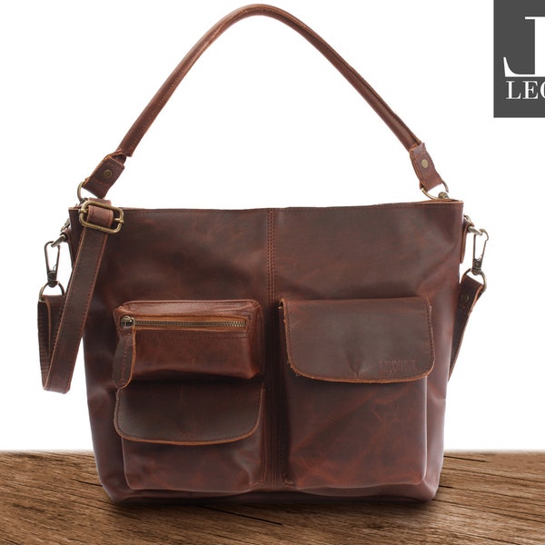 LECONI shoulder bag shoulder bag leather bag handle bag used look modern trend women's bag vintage retro leather brown LE0039-wax