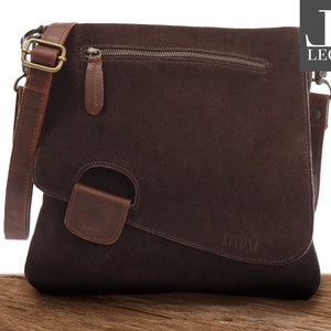 LECONI Umhängetasche Ledertasche Schultertasche braun Damentasche Herrentasche Echtleder Frauen Männer Leder Wildleder dunkelbraun LE3027-VL