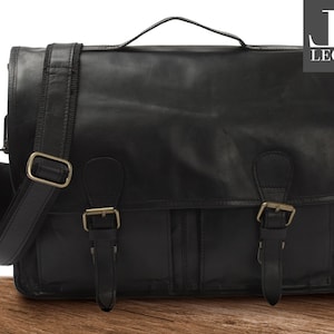 LECONI briefcase business bag women men messenger bag genuine leather women men vintage style leather black LE3009-wax