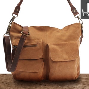 LECONI shoulder bag crossbody bag ladies bag leather bag suede cognac LE0039-VL