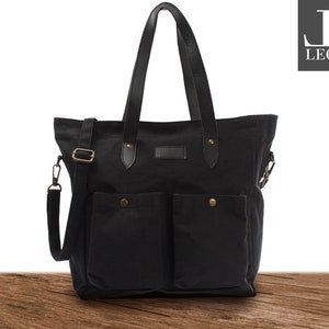 LECONI XXL Shopper Beuteltasche Einkaufstasche Baumwolle Frauen Schultertasche Damentasche Umhängetasche Canvas Leder schwarz LE0040-C