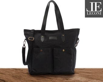 LECONI XXL Shopper Beuteltasche Einkaufstasche Baumwolle Frauen Schultertasche Damentasche Umhängetasche Canvas Leder schwarz LE0040-C