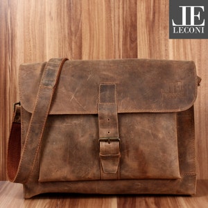 LECONI Messenger Bag Porte-documents Femme Homme Sac Homme Femme Cuir Véritable Sac D'affaires DIN A4 Cuir Look Vintage Marron LE3054-vin