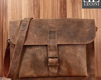 LÉCONI besace porte-documents poche hommes femmes en cuir véritable entreprises sac DIN A4 cuir vintage de Mesdames homme look marron LE3054-vin