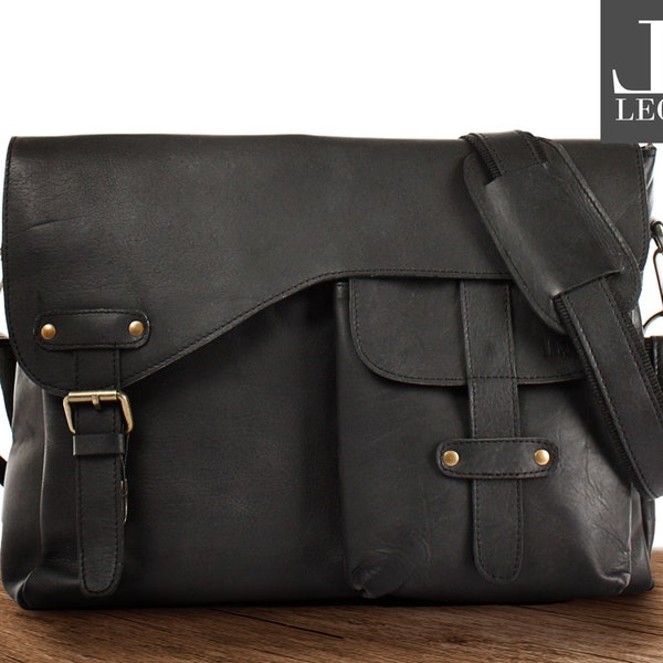 LECONI Messenger Bag Collegetasche DIN A4 Kuriertasche Ledertasche Damen Herrentasche Umhängetasche Schultasche Leder schwarz LE3032-wax