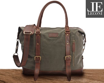 LECONI petit week-end femmes hommes petit sac de sport shopper poignée sac femmes hommes cuir toile vert LE2006-C