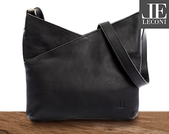 LECONI schoudertas damestas leren tas gemaakt van natuurlijk buffelleer schoudertas handtas voor dames leer zwart LE0065