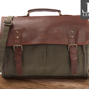 LECONI Sac messager Din A4 Sac messager Sac à bandoulière Sac pour femme Sac pour homme Sac à bandoulière Business Cuir Toile Vert LE3018-C