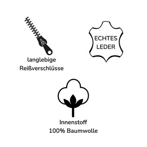 May include: Black and white illustration of a zipper, a leather patch with the text "Echtes Leder", and a cotton boll with the text "Innenstoff 100% Baumwolle".