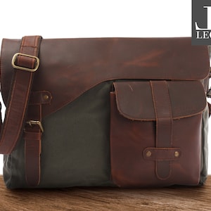 LECONI Sac besace College Bag DIN A4 Sac besace en cuir Sac femme homme Sac à bandoulière Sac d'école Cuir Toile Vert LE3032-C