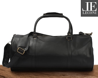 LECONI sac de voyage week-end sac de sport femme sac de fitness pour homme et femme vintage rétro cuir naturel noir LE2004-wax