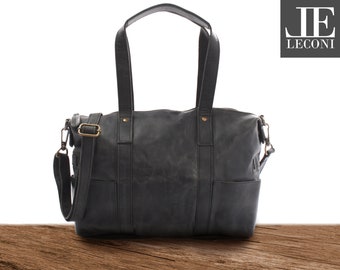 LECONI Shopper für Damen Schultertasche Umhängetasche Henkeltasche Damentasche Ledertasche Handtasche Vintage-Look Leder grau LE0034-wax