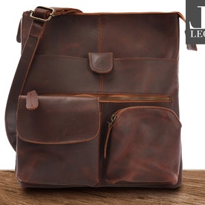LECONI sac à bandoulière sac à bandoulière sac femme vintage naturel sac homme femme homme cuir véritable aspect usé cuir marron LE3011-wax