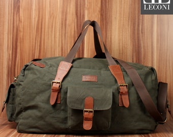 LECONI Large Weekender Travel Bag Men's Leather Canvas Green LE2019-C