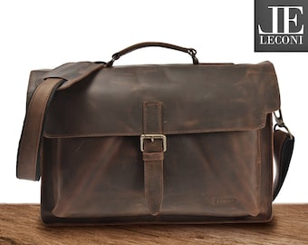 LECONI Aktentasche Businesstasche Messenger Bag Umhängetasche Vintage Leder schlamm LE3008-wax