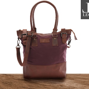 LECONI Schultertasche Handtasche kleiner Shopper grau Frauen Beuteltasche Echtleder Damentasche Umhängetasche Leder Canvas bordeaux LE0056-C