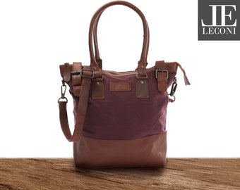 LECONI Schultertasche Handtasche kleiner Shopper grau Frauen Beuteltasche Echtleder Damentasche Umhängetasche Leder Canvas bordeaux LE0056-C