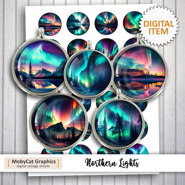 Northern Lights Printable Download 10mm 12mm 14mm 16mm 18mm Aurora Borealis Cabochon Pendants, Magnets Digital Collage Sheets