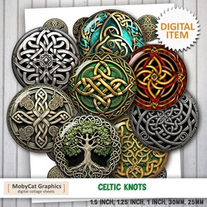 Może przedstawiać: Cyfrowa arkusz kolażu z 10 wzorami celtyckich węzłów w różnych kolorach i wzorach. Wzory obejmują drzewo życia, krzyż i różne splecione węzły. Arkusz jest dostępny w rozmiarach 1,5 cala, 1,25 cala, 1 cal, 30 mm i 25 mm.