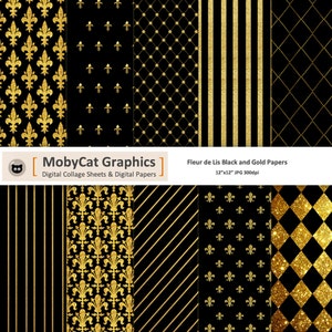 Fleur de Lis Digital Papers 12"x12" Noir et or Photo Backdrops Paper Commercial Use Téléchargement instantané