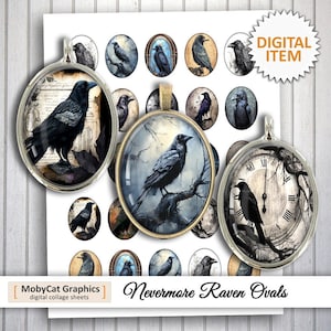 May include: A set of 16 digital collage sheets featuring oval-shaped images of ravens in various settings. The images are perfect for crafting projects, scrapbooking, and digital design.  The text "Nevermore Raven Ovals" is printed at the bottom of the sheet.