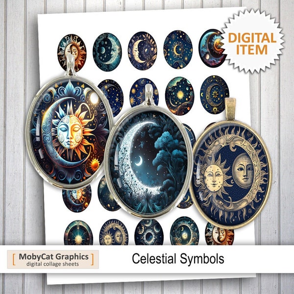 Celestial Symbols Printable Ovals 30x40mm 22x30mm 13x18mm 18x25mm Digital Cabochon images Digital Collage Sheet Instant Download