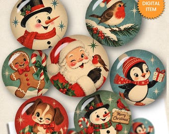 Whimsical Vintage Christmas Circle Images Digital Collage Sheet, Santa Gingerbread Angel, Christmas Characters, Printable Download