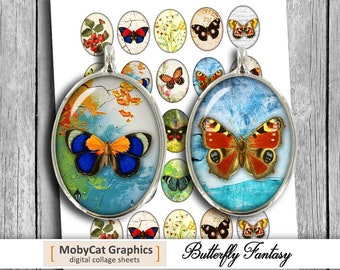 Puede incluir: Una hoja de collage digital con 16 imágenes redondas de mariposas con varios colores y patrones. La hoja se titula "Butterfly Fantasy" e incluye el texto "MobyCat Graphics, digital collage sheets".
