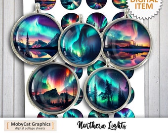 Norrsken utskrivbar nedladdning 10 mm 12 mm 14 mm 16 mm 18 mm Aurora Borealis Cabochonhängen, Magneter Digitala Collageark