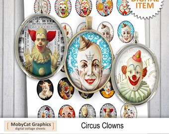 Circus Clowns 30x40mm 22x30mm 13x18mm 18x25mm Printable Oval Digital Cabochon images Digital Collage Sheet Instant Download