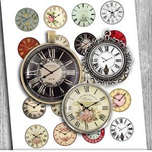 May include: A collection of vintage clock faces in various sizes and designs. The clocks feature Roman numerals, floral accents, and ornate details. Some clocks have a black background, while others have a white or cream background. The image includes the text "Old Clock Faces".