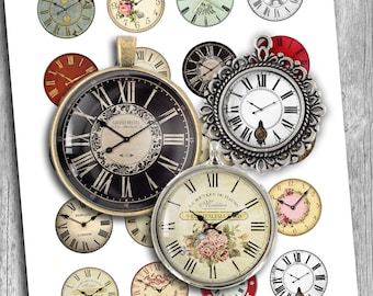 May include: A collection of vintage clock faces in various sizes and designs. The clocks feature Roman numerals, floral accents, and ornate details. Some clocks have a black background, while others have a white or cream background. The image includes the text "Old Clock Faces".