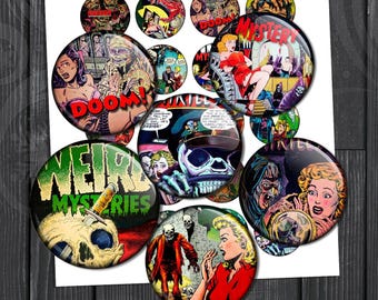 Horror Comics Digital Collage Sheet Circle Printable Images 1.313", 1", 30mm, 1.5" for Buttons, Magnets, Scrapbooking, Bottlecaps