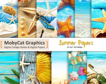 Summer Digital Papers 12&quot;x12&quot; Shells Sand Beach Photo Backdrops Paper Commercial Use Instant Download