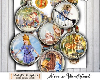 Alice in Wonderland 20mm 25mm 1 inch 30mm 1.5 inch Printable JPGs Digital Collage Sheet Instant Download