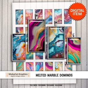 May include: A digital collage sheet of 16 melted marble dominoes in various colors, including pink, blue, teal, gold, and white. The dominoes are 1x2 inches, 19x38mm, 15x30mm, and 10x22mm. The text "MELTED MARBLE DOMINOS" is printed below the dominoes.