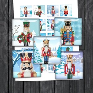 May include: A set of nine digital printable images featuring a nutcracker in various poses. The nutcracker is wearing a red and gold uniform with a blue sash and a white beard. The background is a winter scene with snow-covered trees and houses.