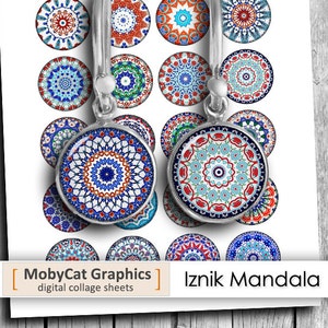Puede incluir: Un par de pendientes de plata con diseños de mandalas de Iznik azules y rojos. Los pendientes están sobre un fondo blanco con el texto "MobyCat Graphics digital collage sheets" y "Iznik Mandala".