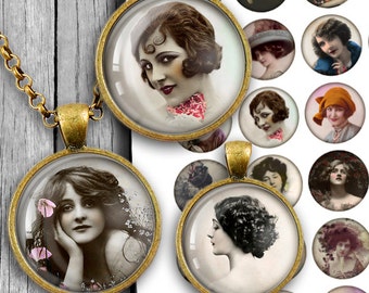 Vintage Beauties Digital Collage Sheet Circle Images 30mm, 1.5", 1" Printables for Scrapbooking, Bottle caps, Pendants  Instant Download