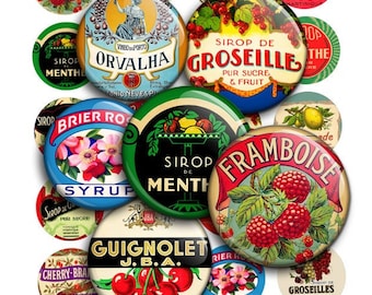 Vintage etiketten digitaal collageblad 1,5 inch en 1 inch kroonkurkafbeeldingen Ronde afdrukbare afbeeldingen voor hangers Scrapbooking