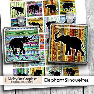 May include: A digital collage sheet with 16 colorful squares featuring black elephant silhouettes on a patterned background. The text "MobyCat Graphics" and "Elephant Silhouettes" is at the bottom of the sheet.