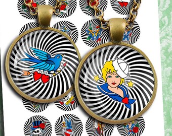 Vintage Tattoo Printable Art 12mm 14mm 16mm 18mm for Earrings, Cabochons Digital Collage Sheet Instant Download