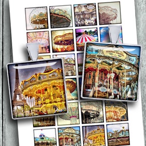Carnival Carousel Printable Square Images 1.5x1.5 inch 1x1 inch Digital Square Images for Cabochons Digital Collage Sheet Instant Download