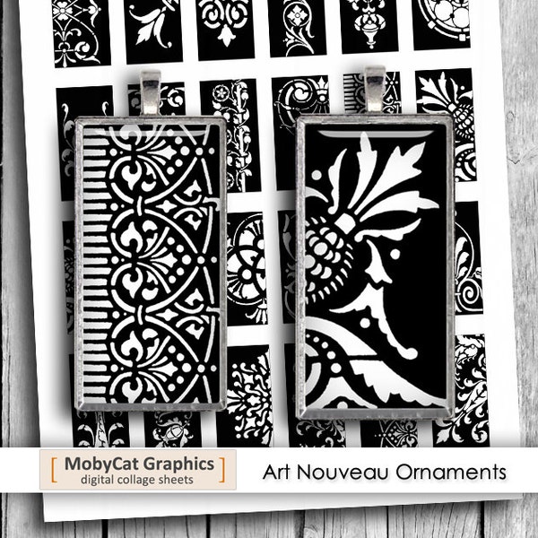 Art Nouveau Ornaments 1x2 inch 0.75x1.5 inch Black and White Printable images for Pendants  Digital Collage Sheet - Instant Download