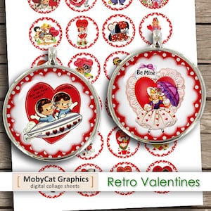 Retro Valentines Digital Collage Sheet 2 inch 1 inch 1.5 inch Bottle Cap Printable Circle Images - Instant Download