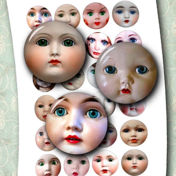 Vintage Doll Faces 1", 30mm, 25mm, 1.5" 1.313" for Bottle Caps Pendants Printable Images Digital Collage Sheet- Instant Download